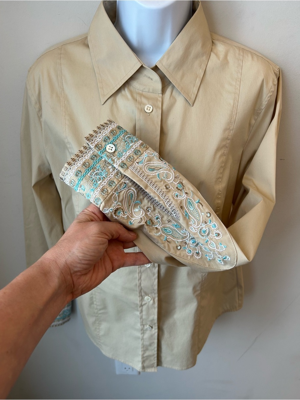 Marc Aurel Embroidered Cuff Beige Button Up Blouse Boho Luxe EU 42